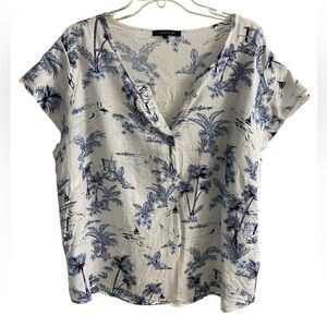 Tahari Blue and White Tropical Print Blouse linen blend 2X